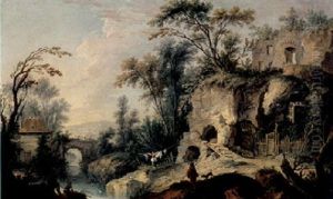A Rocky River Landscape With Ruins, A Washerwoman Hanging Up Her Laundry, Fishermen And Other Figures by Nicolas-Jacques Juliard