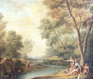 Groupe De Pecheurs Au Bord D'une Riviere Boisee by Nicolas-Jacques Juliard
