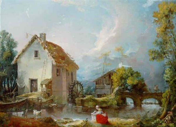 A River Landscape With A Watermill And A Bridge With A Washerwoman On A Bank In The Foreground - view 1