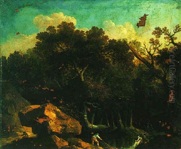 Wooded And Rocky River Landscape With Fisherman - view 1