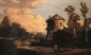 A Dovecote By A Footbridge With Peasants Resting by Nicolas-Jacques Juliard