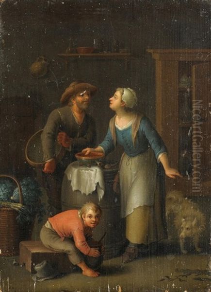 Paar Mit Jungen Und Hund In Der Kuche - view 1