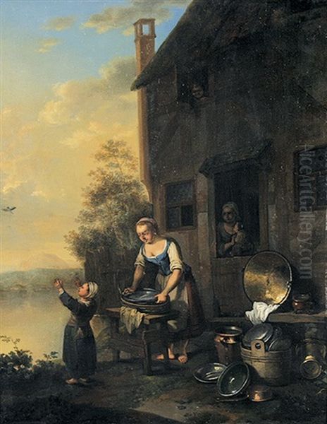 Magd Beim Putzen Von Kuchengeraten - Junge Frau Auf Dem Gang Zum Wasserholen (pair) - view 1