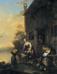 Magd Beim Putzen Von Kuchengeraten - Junge Frau Auf Dem Gang Zum Wasserholen (pair) by Justus Juncker