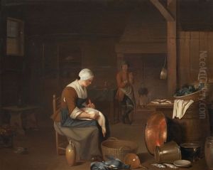 Kucheninterieur Mit Ganse Rupfender Magd by Justus Juncker