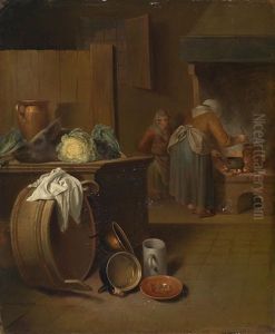 Ein Paar Bauerliches Interieur Mit Frauen Bei Der Kuchenarbeit