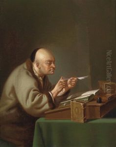 Ein Gelehrter Am Schreibtisch, Seine Feder Spitzend (+ Ein Lesender Gelehrter; Pair) by Justus Juncker