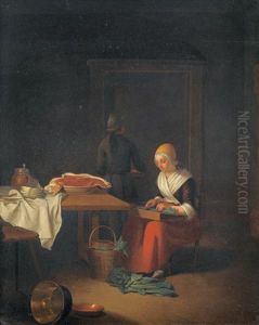 Interieur Mit Kuchenmagd Beim Gemuseschneiden