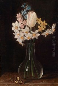 Blumenstillleben In Einer Glasvase Auf Einer Tischplatte by Justus Juncker