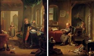 An Alchemist At Work, A Woman And Child Beyond (+ A Scholar In His Study, A Male Servant Lighting A Stove Beyond; 2 Works) by Justus Juncker