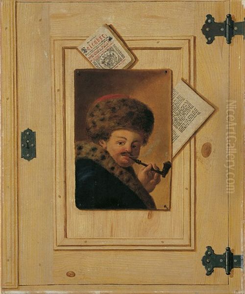 Ein An Eine Tur Genageltes Bildnis Eines Pfeiferauchenden Mannes Mit Pelzmutze Und Pelzkragen (+ Ein An Eine Geheftetes Bildnis Einer Frau Mit Pelzmutze; 2 Works) - view 1