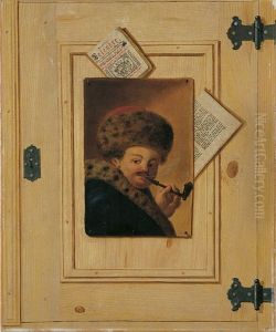 Ein An Eine Tur Genageltes Bildnis Eines Pfeiferauchenden Mannes Mit Pelzmutze Und Pelzkragen (+ Ein An Eine Geheftetes Bildnis Einer Frau Mit Pelzmutze; 2 Works) by Justus Juncker
