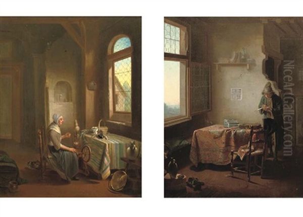 A Woman Spinning In An Interior (+ A Young Man Sharpening His Pen In An Interior; Pair) - view 1