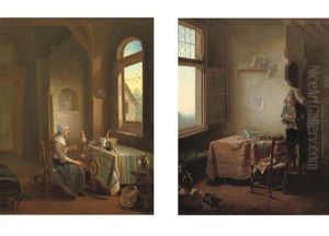 A Woman Spinning In An Interior (+ A Young Man Sharpening His Pen In An Interior; Pair)