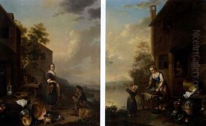 Frau Auf Dem Weg Zum Wasserholen (+ Magd Beim Putzen Von Kuchengerat; Pair)