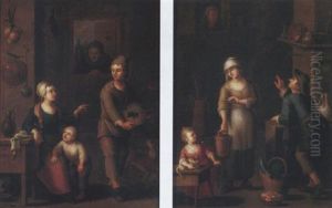 A Kitchen Interior With A Maid And A Child Conversing With A Man Carrying A Basket Of Grapes