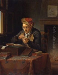Ein Gelehrter In Seinem Studio Beim Spitzen Des Gansefederkiels by Justus Juncker