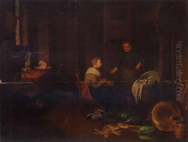 A Kitchen Interior With A Maid Conversing With A Butler - view 1