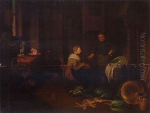 A Kitchen Interior With A Maid Conversing With A Butler by Justus Juncker