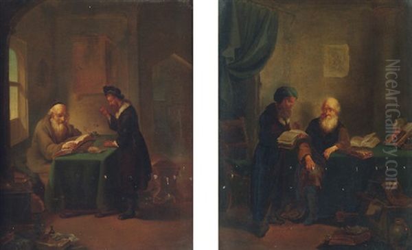 An Interior With Two Men Counting Money At A Table, One With A Pair Of Scales, The Other With An Open Book - view 1