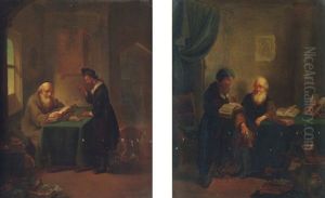 An Interior With Two Men Counting Money At A Table, One With A Pair Of Scales, The Other With An Open Book