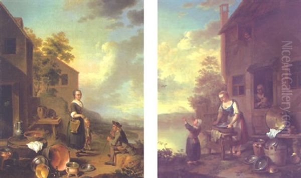 A Kitchen Maid With A Boy And A Traveller Conversing Outside A House, A Mountainous Landscape Beyond - view 1