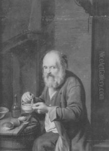 An Old Man Eating At A Table by Justus Juncker