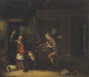 Peasants Playing Cards And Smoking In A Tavern, With A Framed Print Of A Portrait Inscribed Oranje Nassau On A Side Wall by Justus Juncker