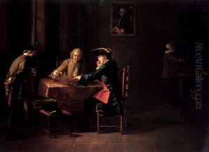 An Interior With Elegant Gentlemen Seated At A Table Playing Backgammon