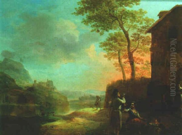 River Landscape With Peasants Drinking Outside An Inn - view 1