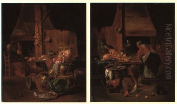 A Woman And Child Seated By A Fire In A Kitchen Interior - view 1