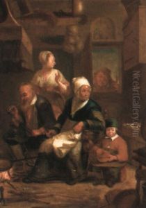 A Family Warming Themselves In Front Of A Fire by Justus Juncker