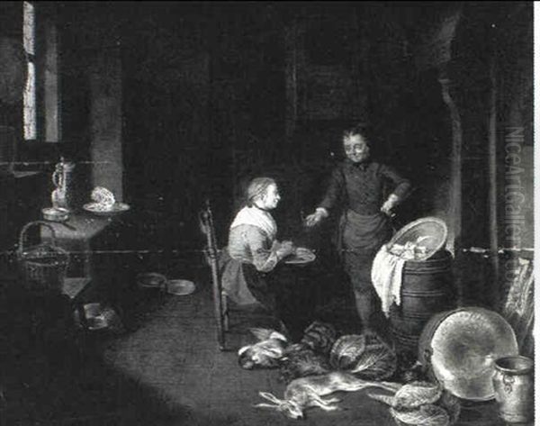 Kitchen Interior With A Scullery Maid And A Youth Preparing Dinner - view 1
