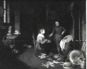 Kitchen Interior With A Scullery Maid And A Youth Preparing Dinner by Justus Juncker