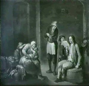A Man Seated On An Upturned Barrel Reading A Notice To Two Standing Figures In An Interior... by Justus Juncker