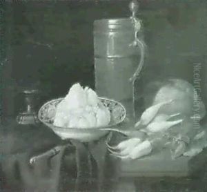 Fruhstucksstilleben Mit Salzfab, Butterteller,              Rettich, Brot, Bierkrug Und Messer Auf Zusammengeschobener by Justus Juncker