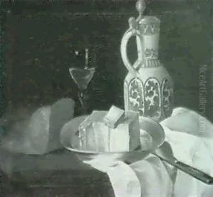 Fruhstucksstilleben Mit Brot, Kase, Weinglas Und-krug Sowie Messer Auf Ausammengeschobenertischdecke.