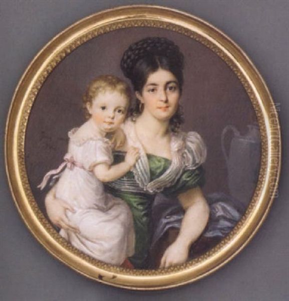 A Mother And Child: The Mother In Green Silk Dress With White Sash And Fichu Scarf, Gold Hoop Earrings, Her Hair Plaited And Upswept, Her Child In White Dress With Pink Sash - view 1