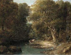 Cattle Watering In A Wooded Landscape by William Bath