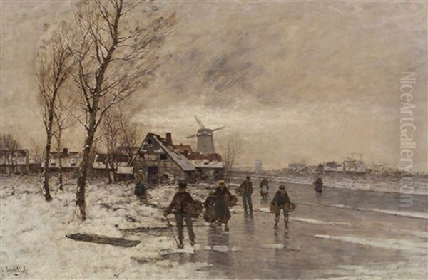 Winter Landscape With Many Figures On The Ice And A Mill In The Background - view 1