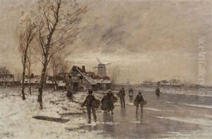 Winter Landscape With Many Figures On The Ice And A Mill In The Background by Johann II Jungblut