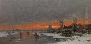 Winterlandschaft Mit Dorfsilhouette Im Abendrot by Johann II Jungblut