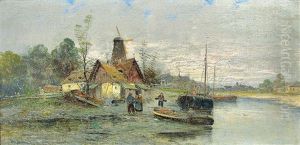Niederlandische Flusslandschaft Mit Gehoften Und Windmuhle Am Ufer by Johann II Jungblut
