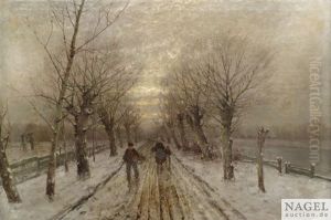 Winterliche Allee Mit Bauernfamilie An Einem Kanal Winterliche Allee Mit Bauernfamilie An Einem Kanal