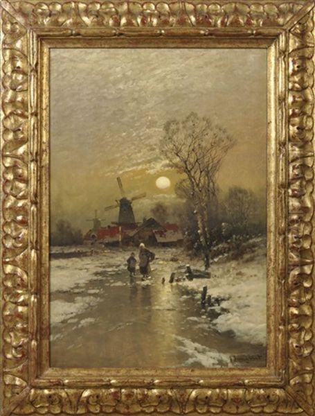Hollandische Winterlandschaft, Zwei Fusganger Auf Zugefrorenem Kanal - view 1