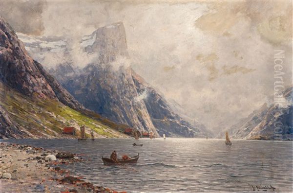 Norwegian Fjord Landscape With A Fishing Boat In The Foreground - view 1
