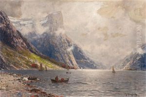 Norwegian Fjord Landscape With A Fishing Boat In The Foreground by Johann II Jungblut