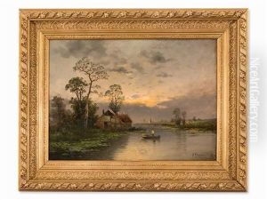 River Landscape At Dusk by Johann II Jungblut