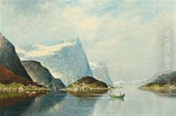 Scenery From A Norwegian Fiord With A Man In A Rowboat - view 1