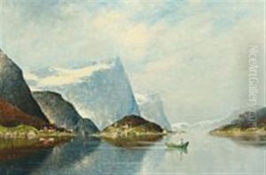 Scenery From A Norwegian Fiord With A Man In A Rowboat by Johann II Jungblut